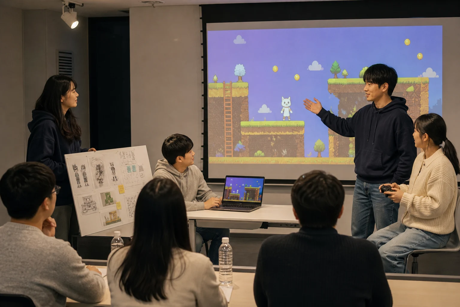 완성한 2D 게임을 화면에 띄우고 발표하는 팀을 연출한 이미지